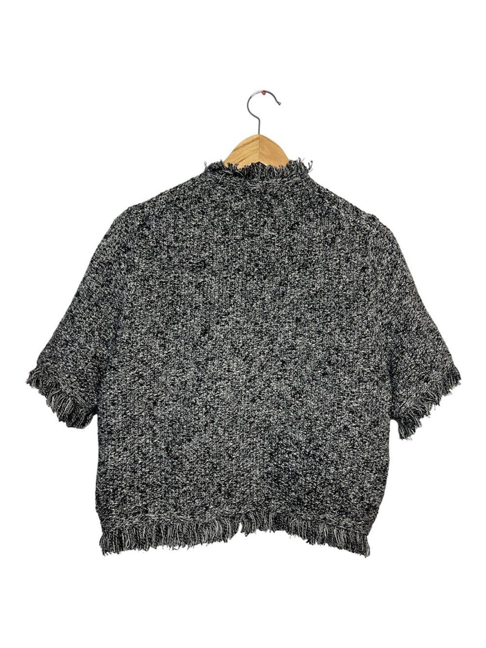 J.Crew Marled Black White Button Front Fringe Trim Lady Jacket Cropped Size L - Picture 3 of 6